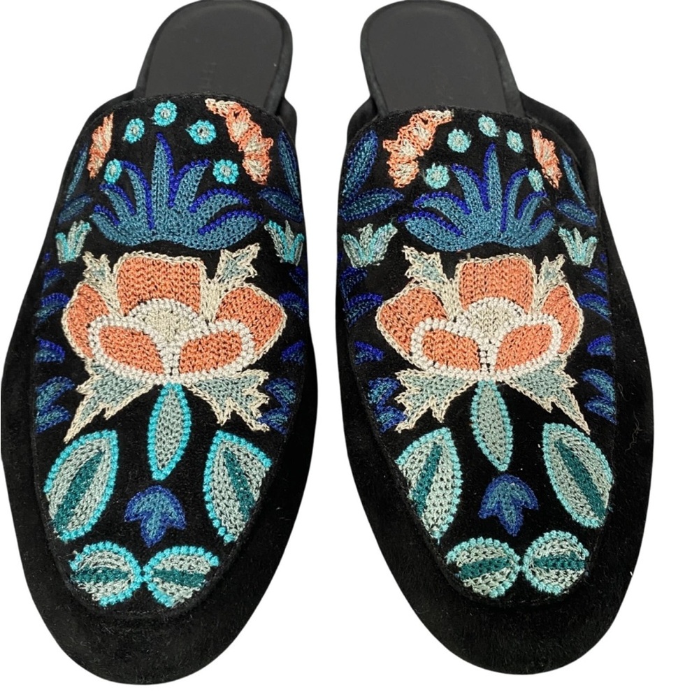 Rebecca Minkoff Raylee Black Embroidered Floral Loafer Flats Mules shoes 7.5